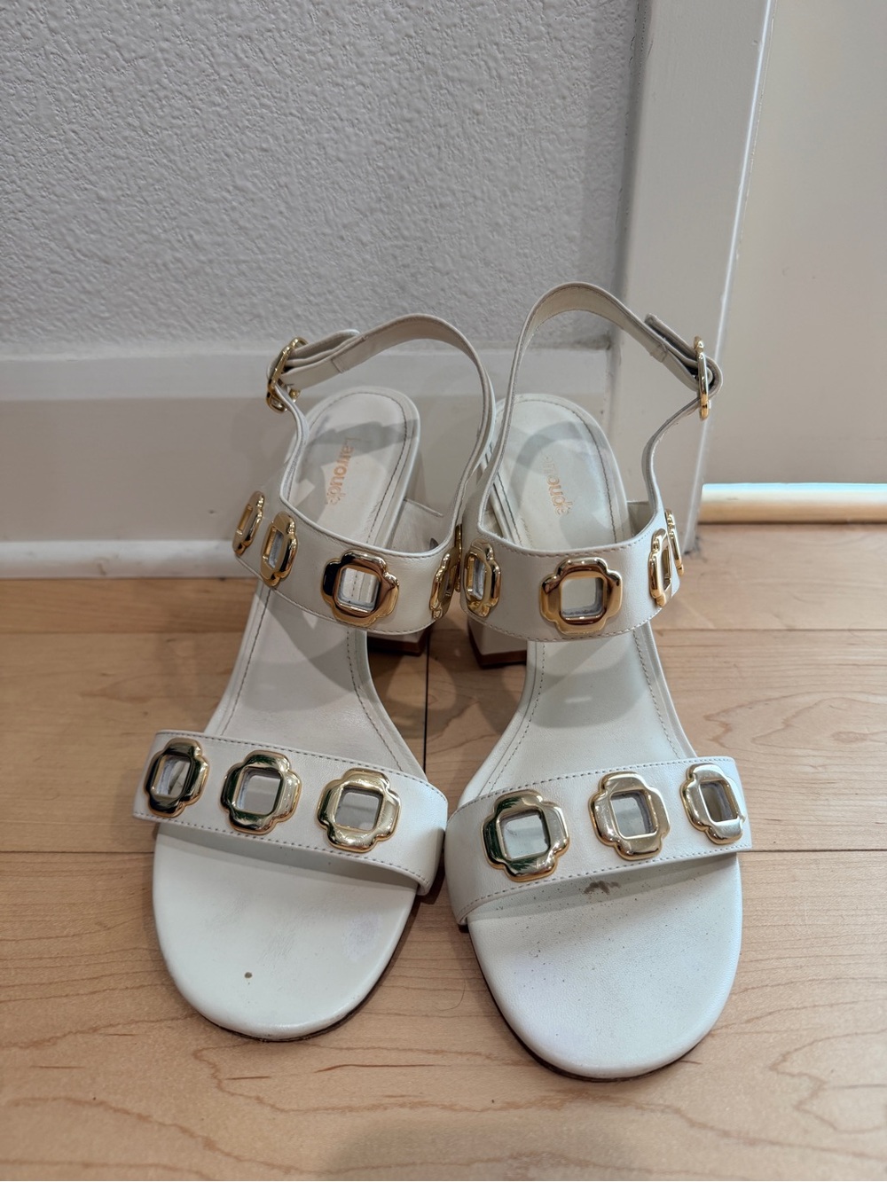 White Embellished Block Heel Sandals by Larroude
